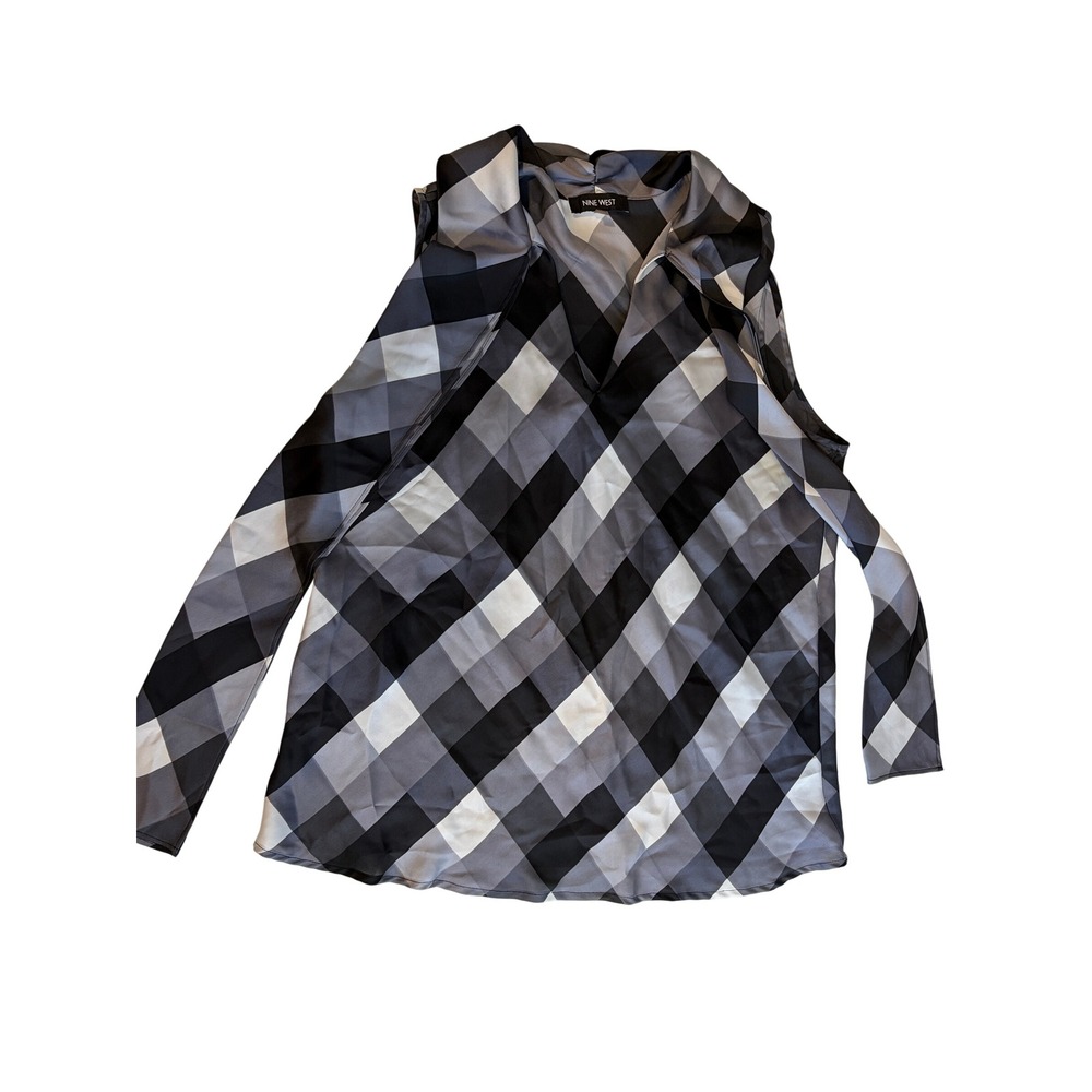 Nine West Blouse Womens XL Black Grey Gingham Tie Neck Sleeveless Top